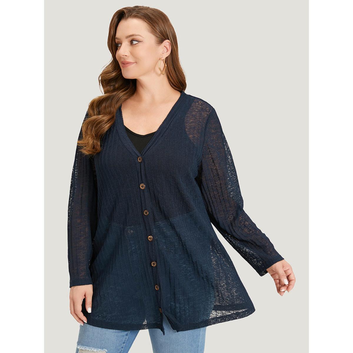 Plus Size Solid Rib Knit Button Through Mesh Kimono Women DarkBlue Casual See through Dailywear Kimonos BloomChic 18-20/2X Product Image