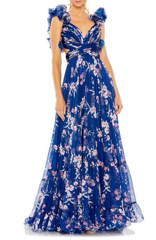 Mac Duggal Floral Chiffon V-Neck Sleeveless Cut-Out Strappy Back Detail Tiered Ruffled Hem Gown Product Image