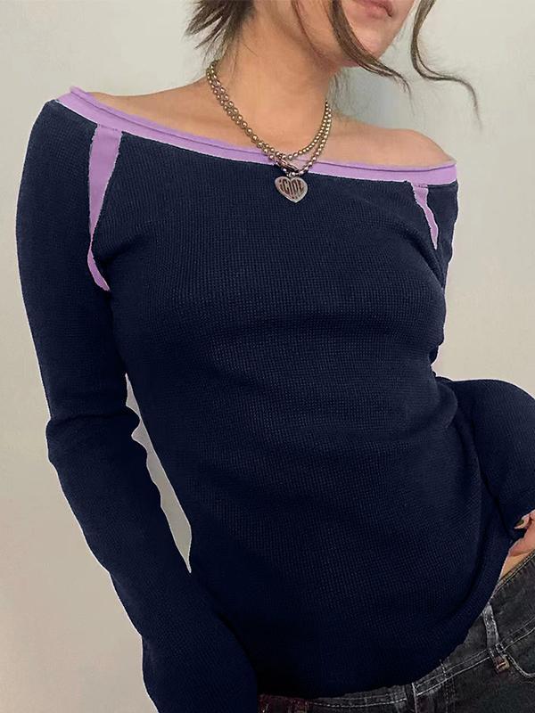 Contrast Color Off Shoulder Long Sleeve Tee Product Image