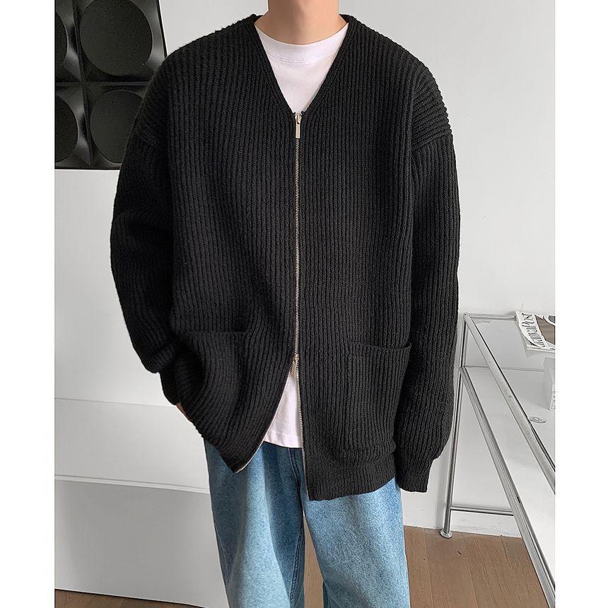 Long-Sleeve Double Zip Plain Cardigan Product Image