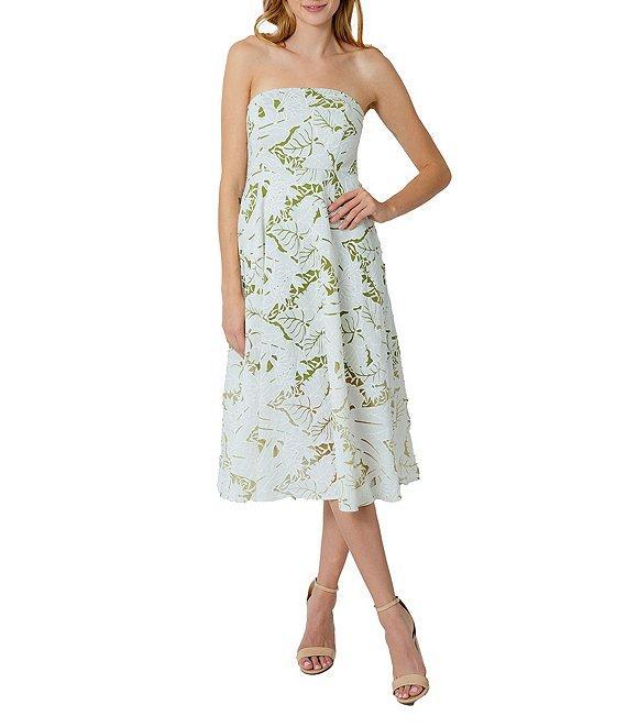 Sam Edelman Jacquard Palm Print Strapless Neck Sleeveless A-Line Midi Dress Product Image