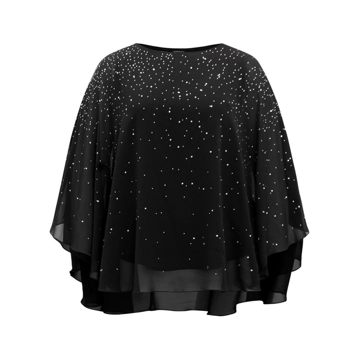 Plus Size Black Chiffon Rhinestone Split Dolman Sleeve Blouse Women Cocktail Elbow-length sleeve Round Neck Party Blouses BloomChic 28/5X Product Image