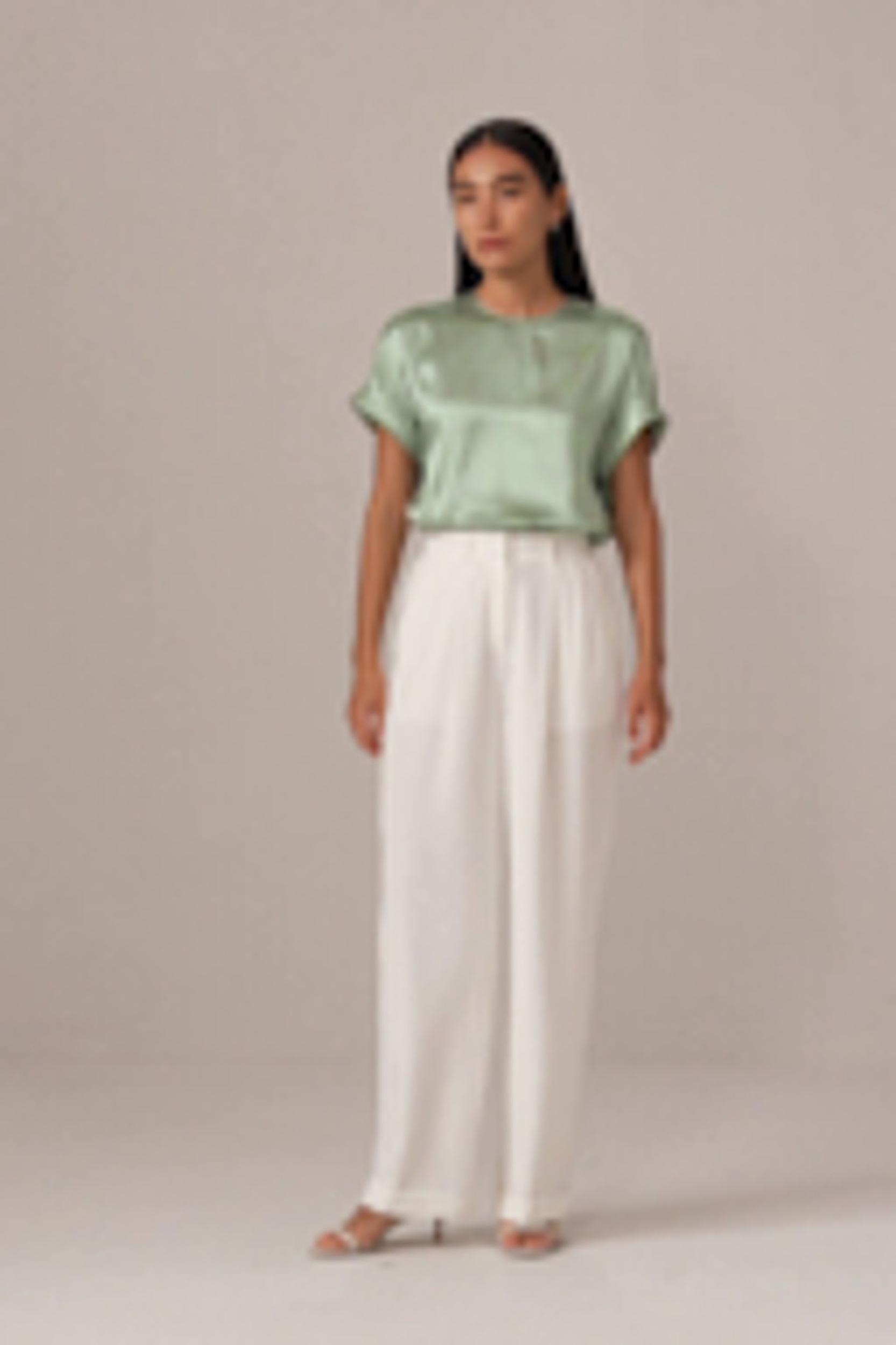 Obliuque Sleeves Round Neck Silk Tee Product Image