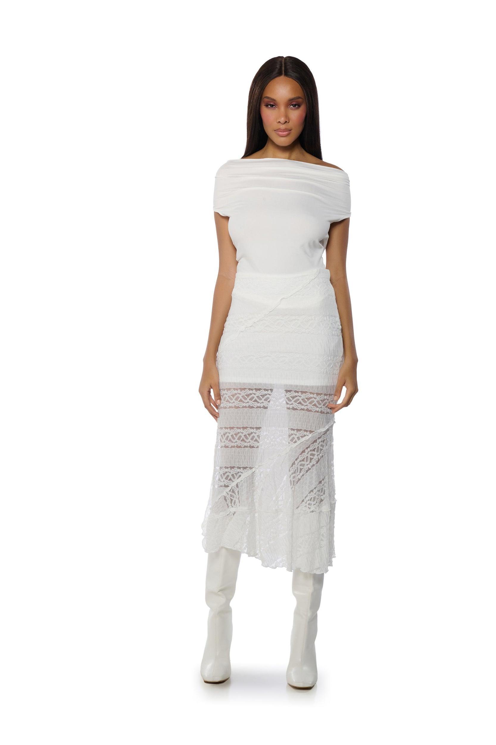 EMELIA LACE TRIM TIERED MIDI SKIRT Product Image