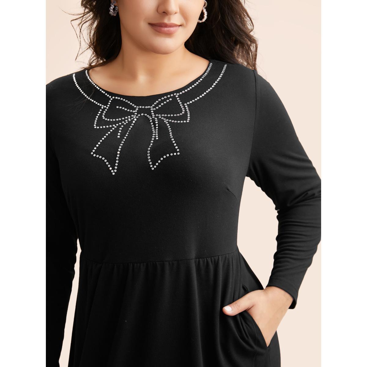 Plus Size Round Neck Bowknot Rhinestone Dress Black Women Resort Rhinestone detailing Round Neck Long Sleeve Curvy BloomChic 22-24/3X Product Image
