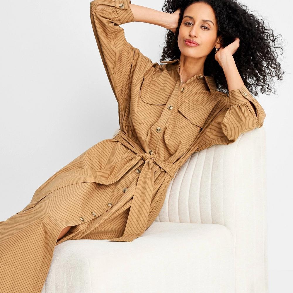 Womens Belted Maxi Shirtdress - Future Collective Brown Striped S: Collared Long Sleeve, Front Button Down Product Image