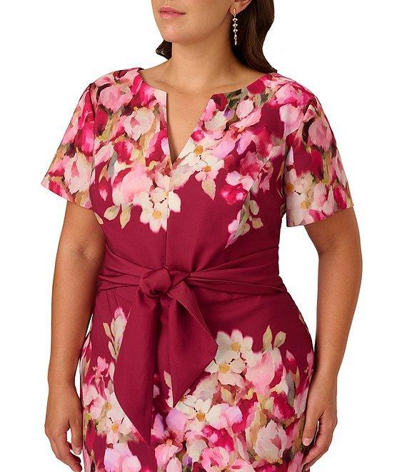 Adrianna Papell Plus Size Short Sleeve Floral Print Tie Front Sheath Midi Dress Product Image
