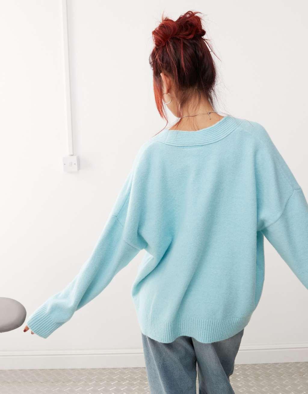 Monki knit button front oversized cardigan in blue Product Image
