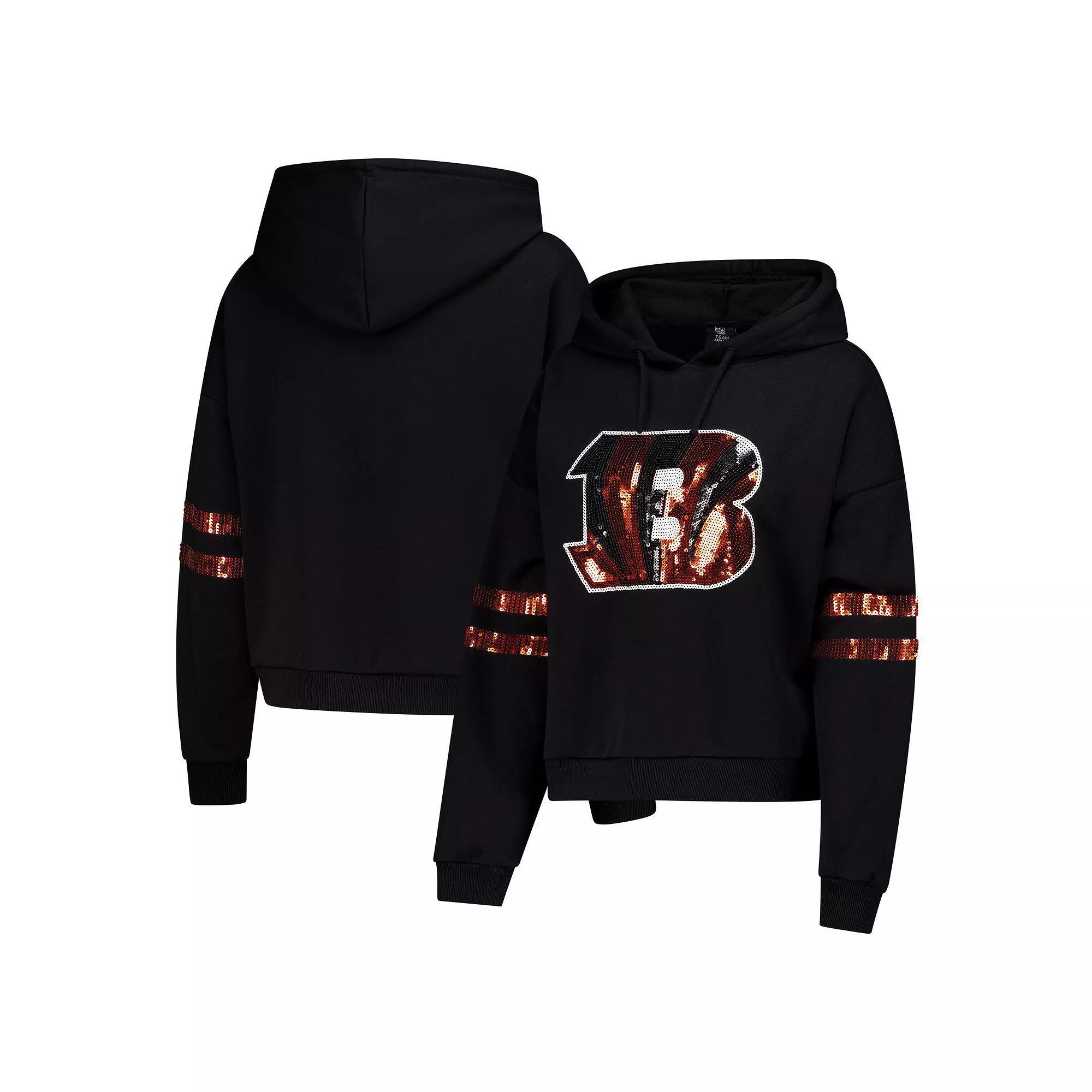 Women's Cuce Black Cincinnati Bengals Cropped Sequins Pullover Hoodie, Size: Large Product Image