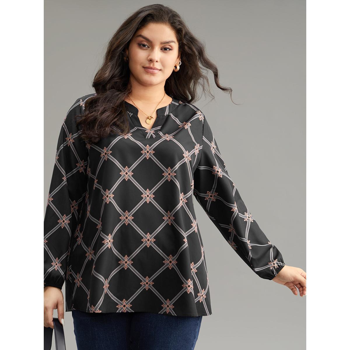 Plus Size BlackFlower Plaid Notched Elastic Cuffs Blouse Women Office Long Sleeve Notched collar Work Blouses BloomChic 14-16/1X Product Image
