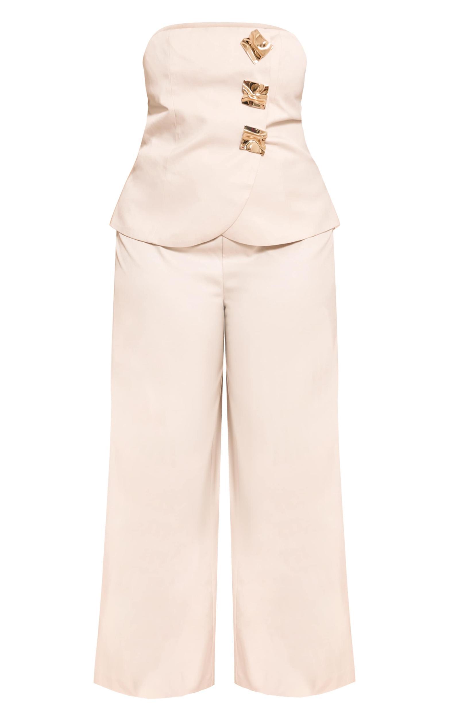 Plus Cream Woven Bandeau Trim Detail Straight Leg Jumpsuit Product Image