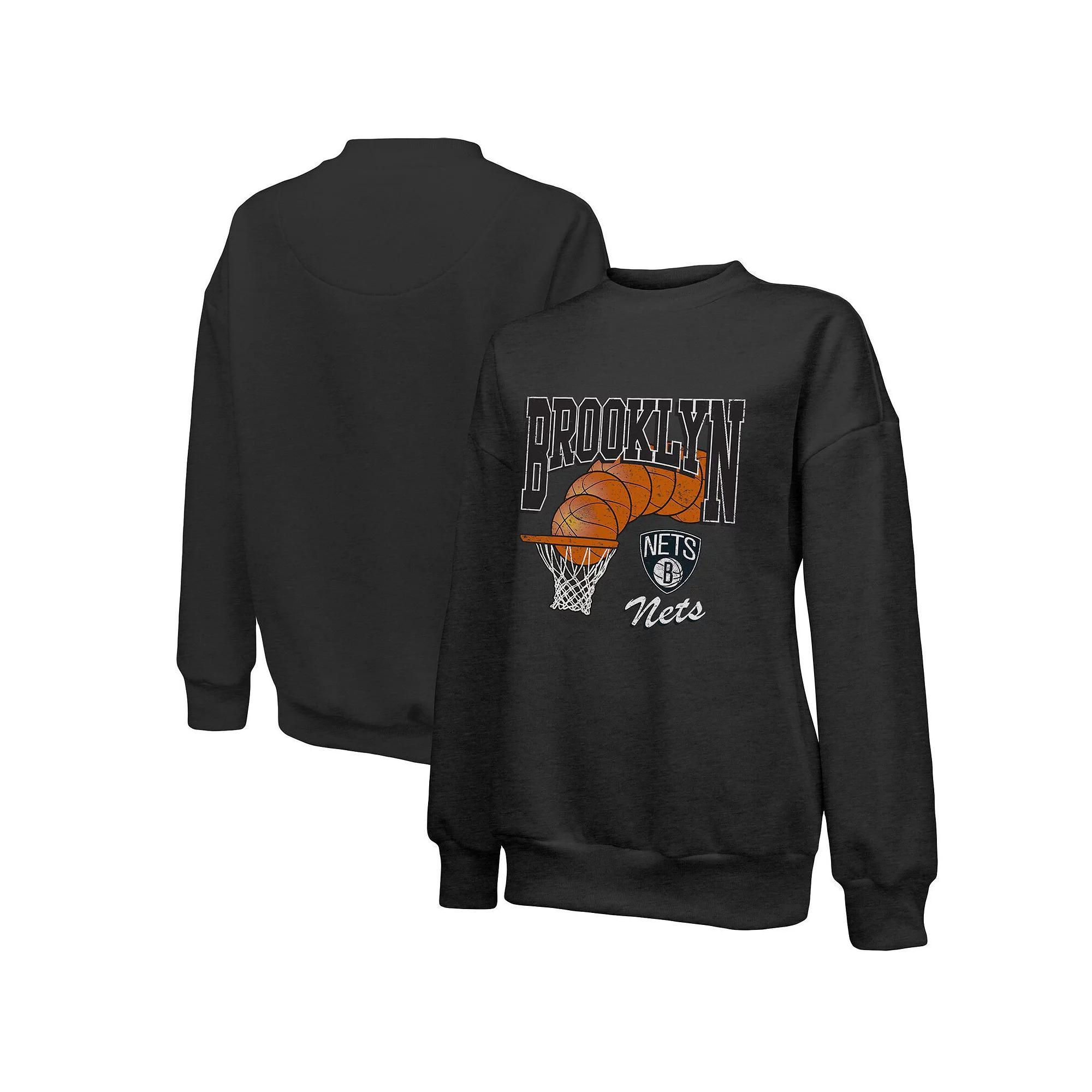 Women's Majestic Threads Black Brooklyn Nets Bank Shot Pullover Tri-Blend Sweatshirt, Size: Medium Product Image