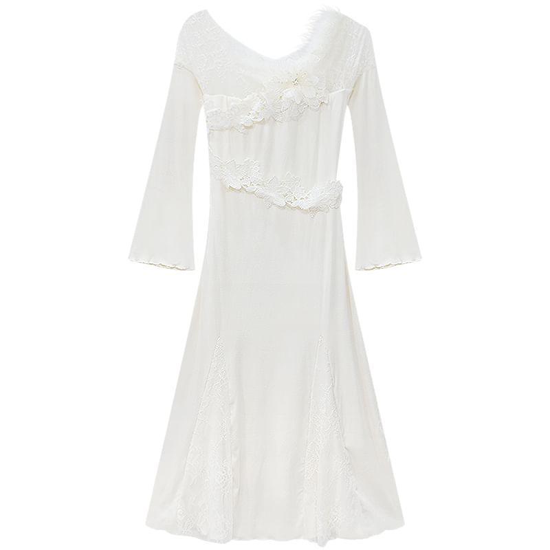 Off-Shoulder Long-Sleeve Lace Trim Midi Mermaid Dress Product Image
