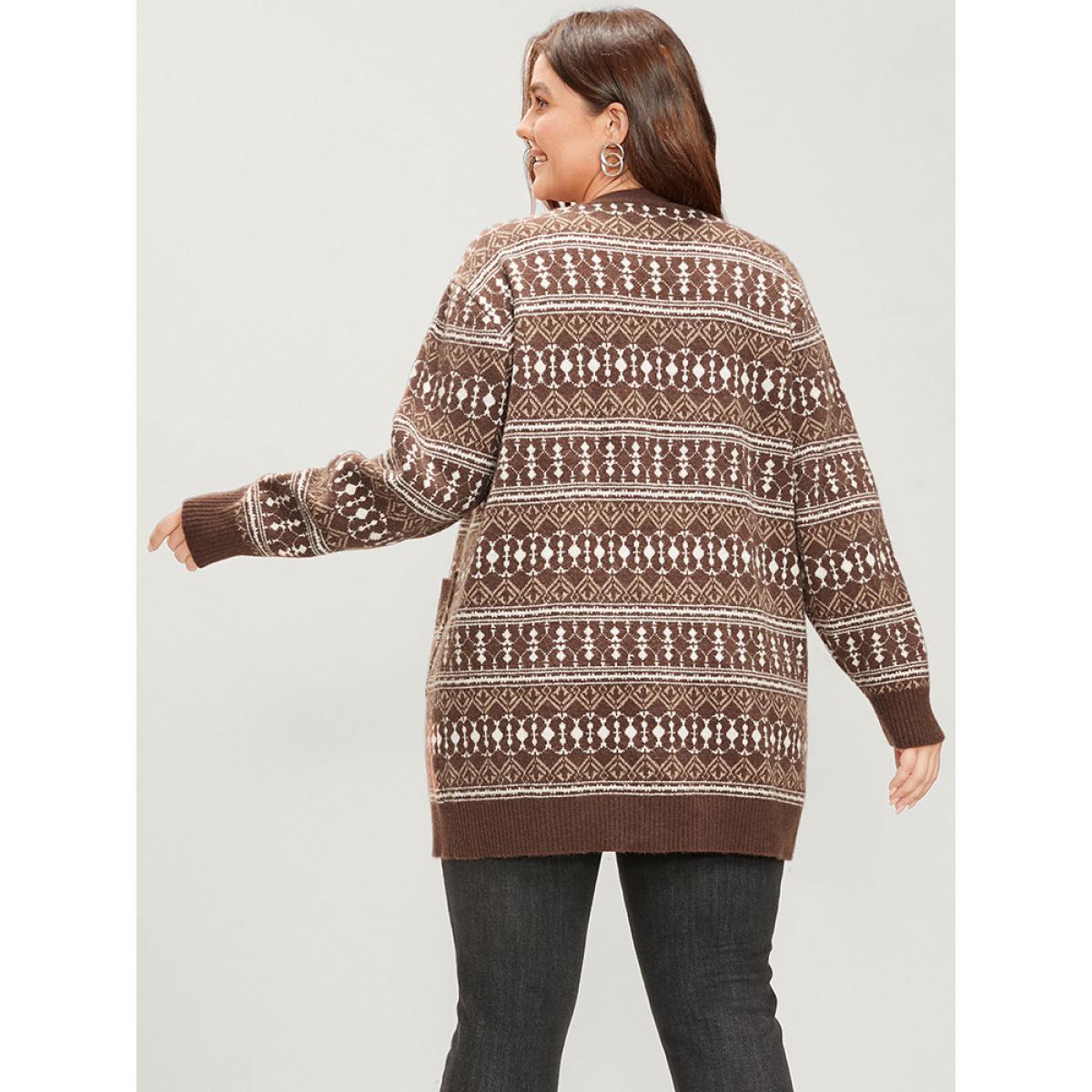 Plus Size Bandana Contrast Super Soft Knit Pocket Open Front Cardigan Tan Women Casual Loose Long Sleeve Dailywear Cardigans BloomChic 14-16/1X Product Image