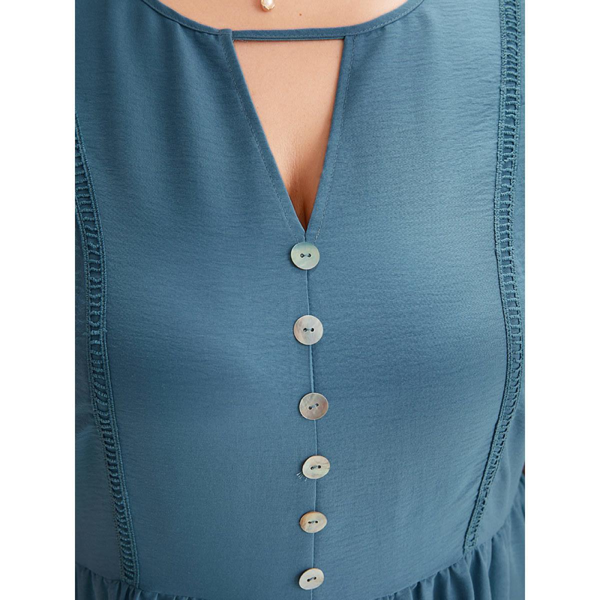 Plus Size Solid Button Detail Keyhole Pocket Frill Trim Dress Cerulean Women Casual Plain V-neck Short sleeve Curvy Midi Dress BloomChic 22-24/3X Product Image