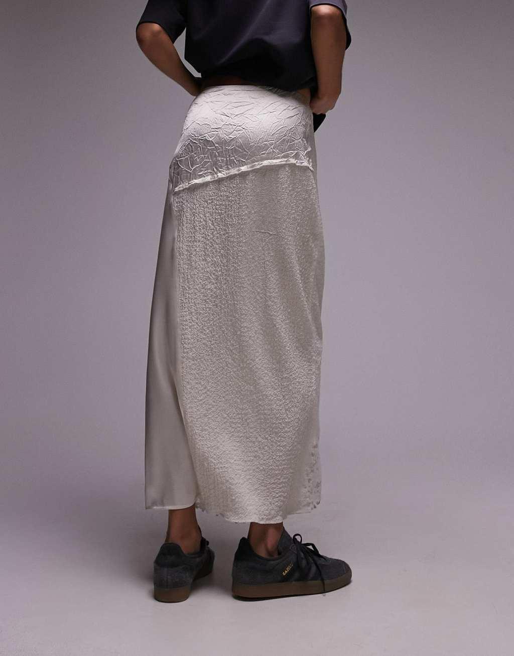 Topshop crinkle satin lace patchwork midi skirt in ivory  Product Image