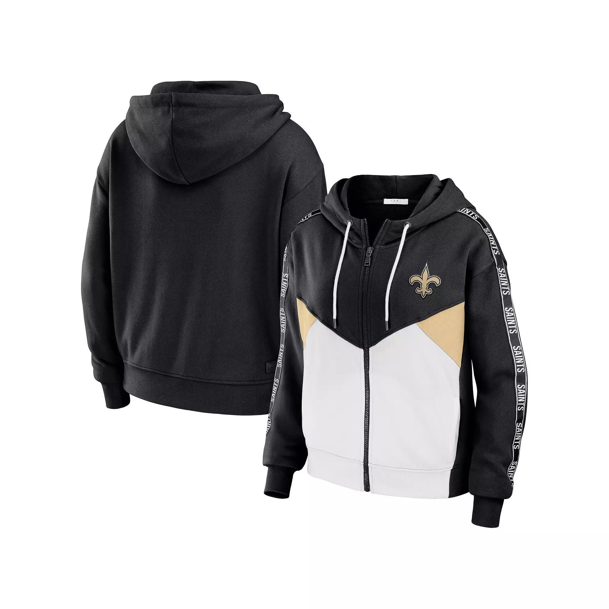 Women's WEAR by Erin Andrews Black/White New Orleans Saints Color Block Light Weight Modest Crop Full-Zip Hoodie, Size: 2XL Product Image