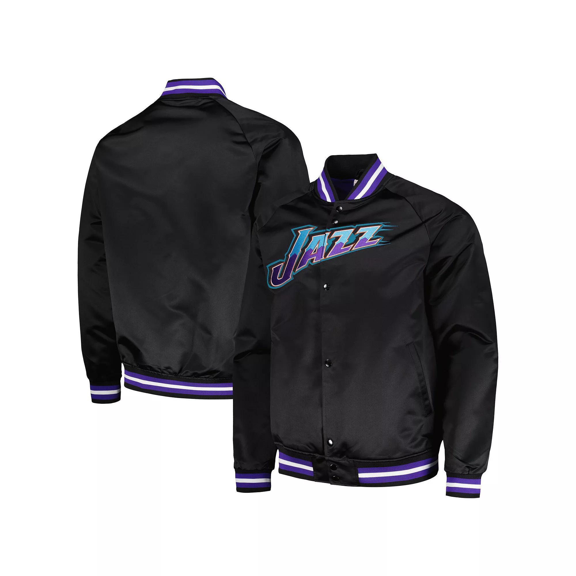 Men's Mitchell & Ness Black Utah Jazz Hardwood Classics  Throwback Wordmark Raglan Full-Snap Jacket, Size: 3XL, Jaz Black Product Image
