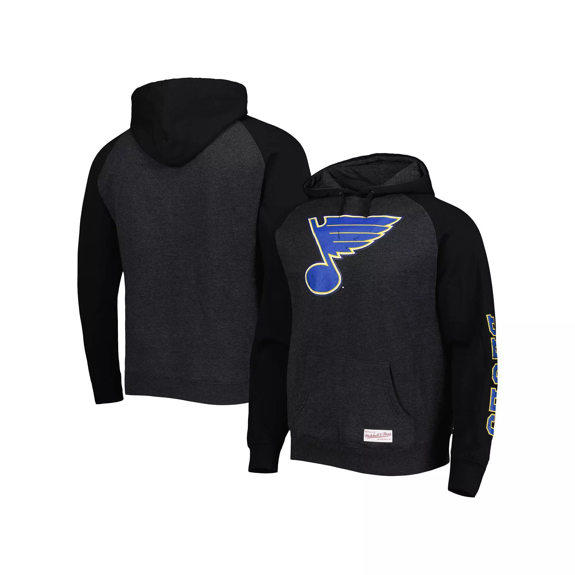 Men's Mitchell & Ness Heather Black St. Louis Blues Distressed Logo Raglan Pullover Hoodie, Size: Small, Charco Product Image