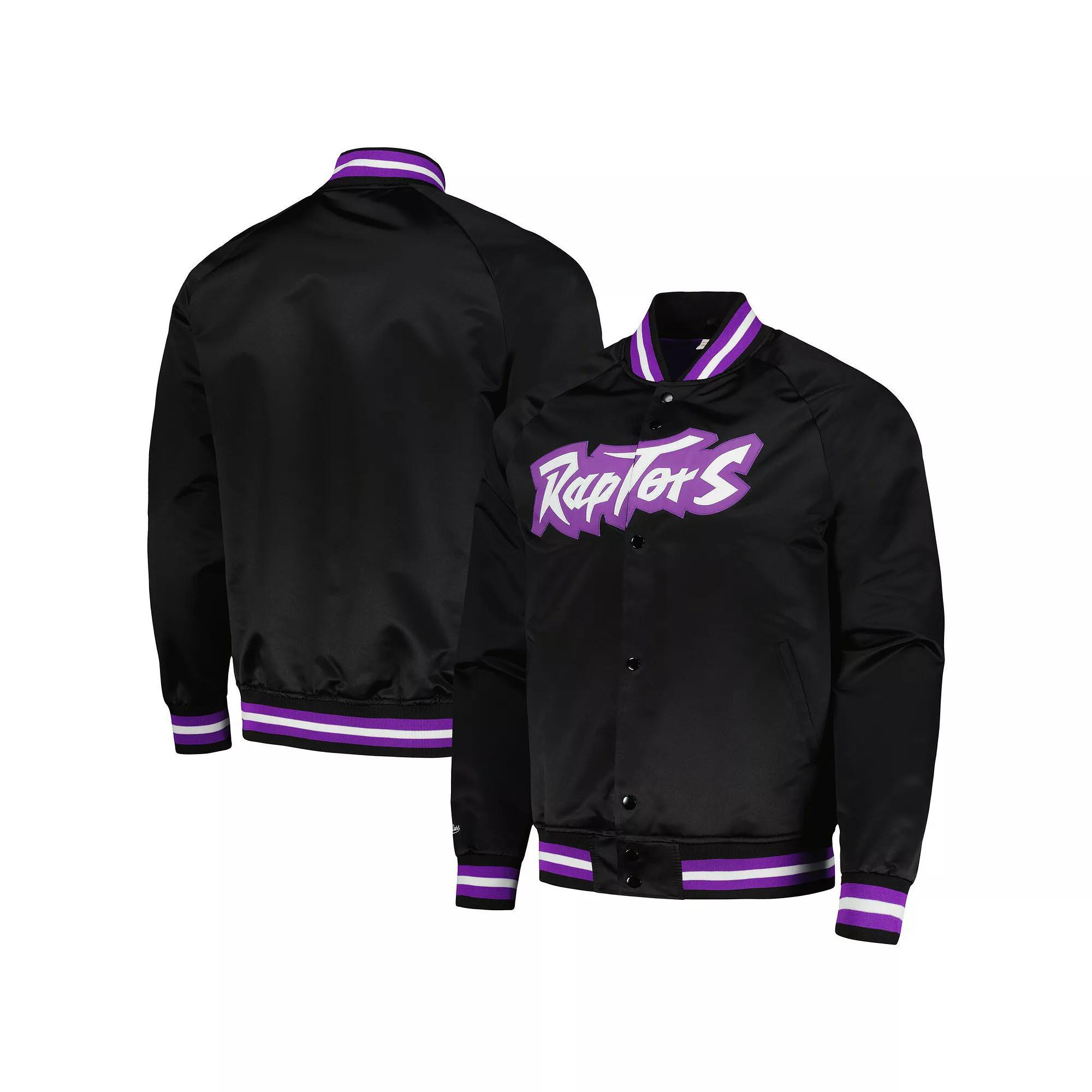Men's Mitchell & Ness Black Toronto Raptors Hardwood Classics  Throwback Wordmark Raglan Full-Snap Jacket, Size: Large, Rpt Black Product Image