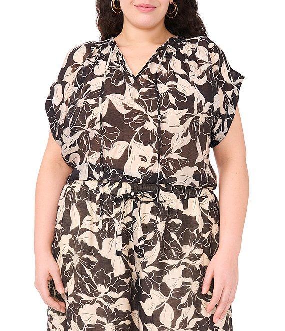 Vince Camuto Plus Flutter Sleeve Tie Front Split Round Neckline Printed Blouse Product Image