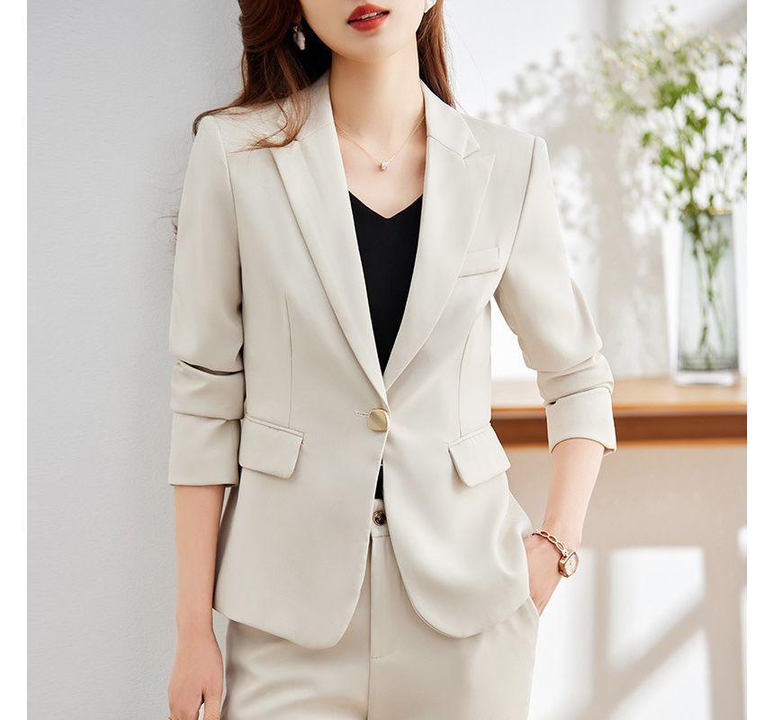 Plain One Buttoned Blazer / High Rise Straight Leg Suit Pants / Set Product Image