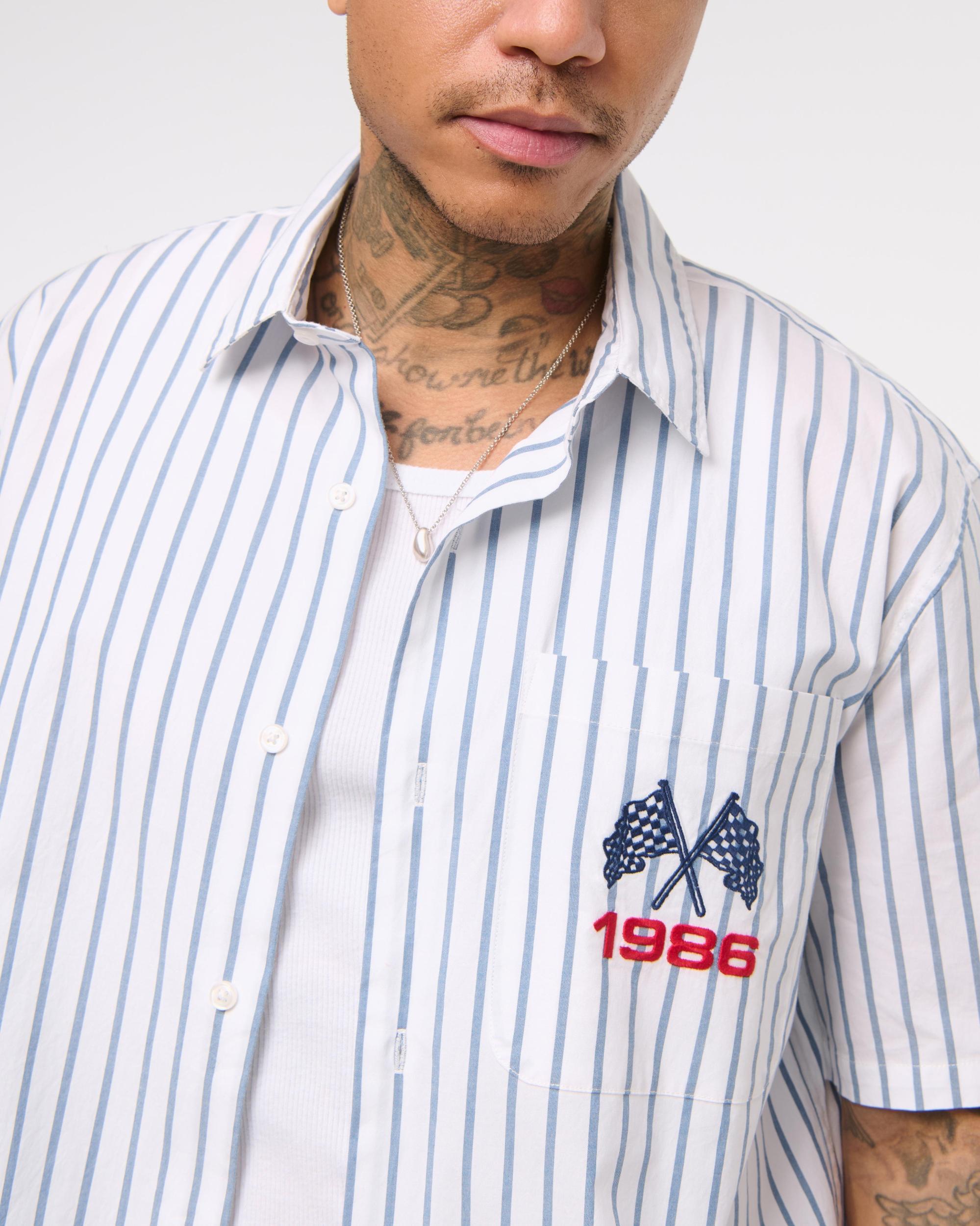 Short-Sleeve Cropped Racing Workwear Button-Up Shirt Product Image