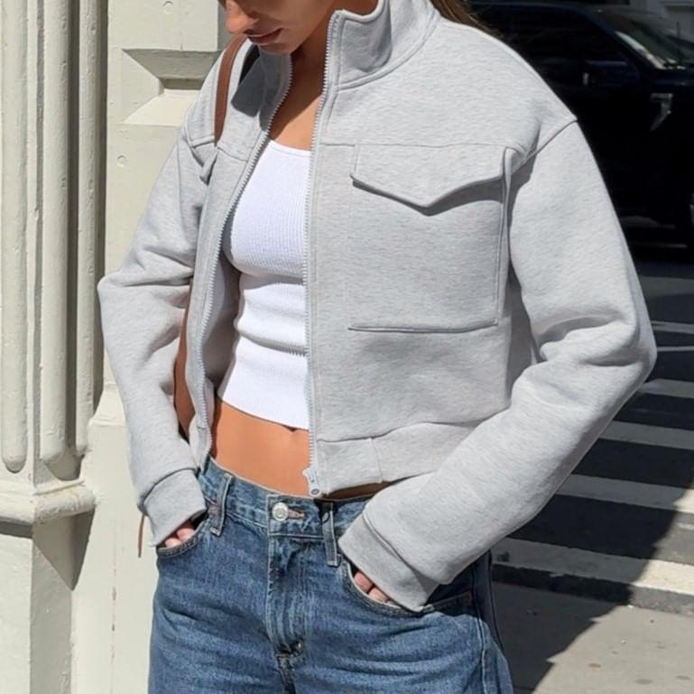 Stand Collar Plain Flap Pocket Zip Jacket Product Image