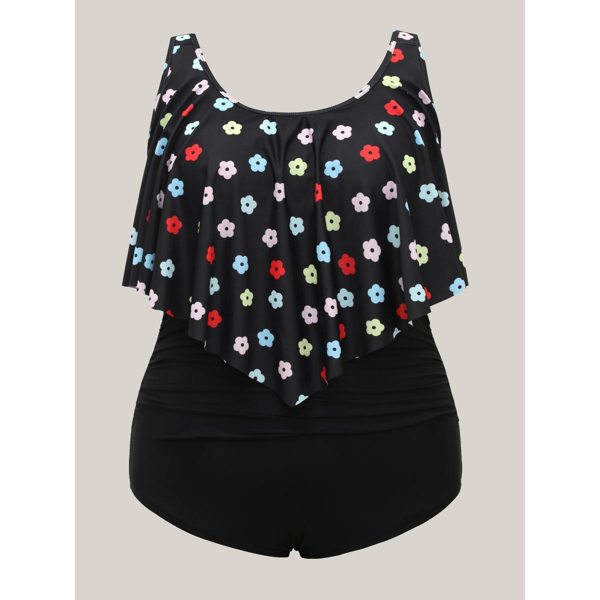 Plus Size Colorful Floral Layered One-Piece Swimsuit Women's Swimwear Black Beach Contrast Curve Bathing Suits High stretch One Pieces BloomChic 22-24/3X Product Image