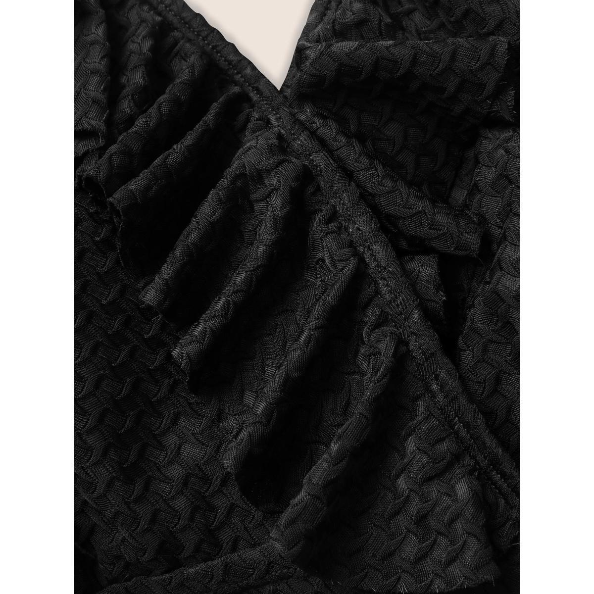 Plus Size V Neck Solid Textured Ruffle Trim Swim Dress Women's Swimwear Black Beach Bodycon V-neck High stretch Curve Swim Dresses BloomChic 14-16/1X Product Image