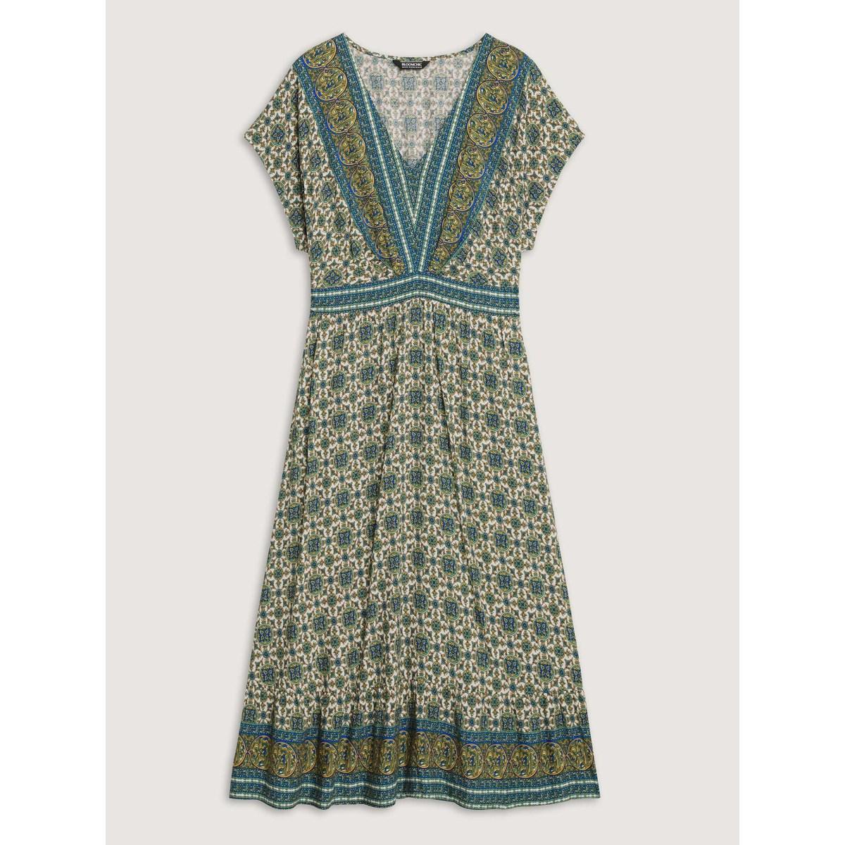 Plus Size Rayon Floral Boho Print Pockets Midi Dress Multicolor Women Shirred V-neck Short sleeve Curvy BloomChic 28/5X Product Image