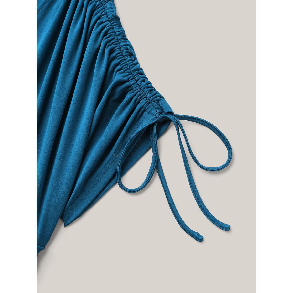 Plus Size Drawstring Shoulder Surplice Neck Stretchy Midi Dress Cyan Women Casual Drawstring Knit Dresses Bloomchic 22-24/3X Product Image
