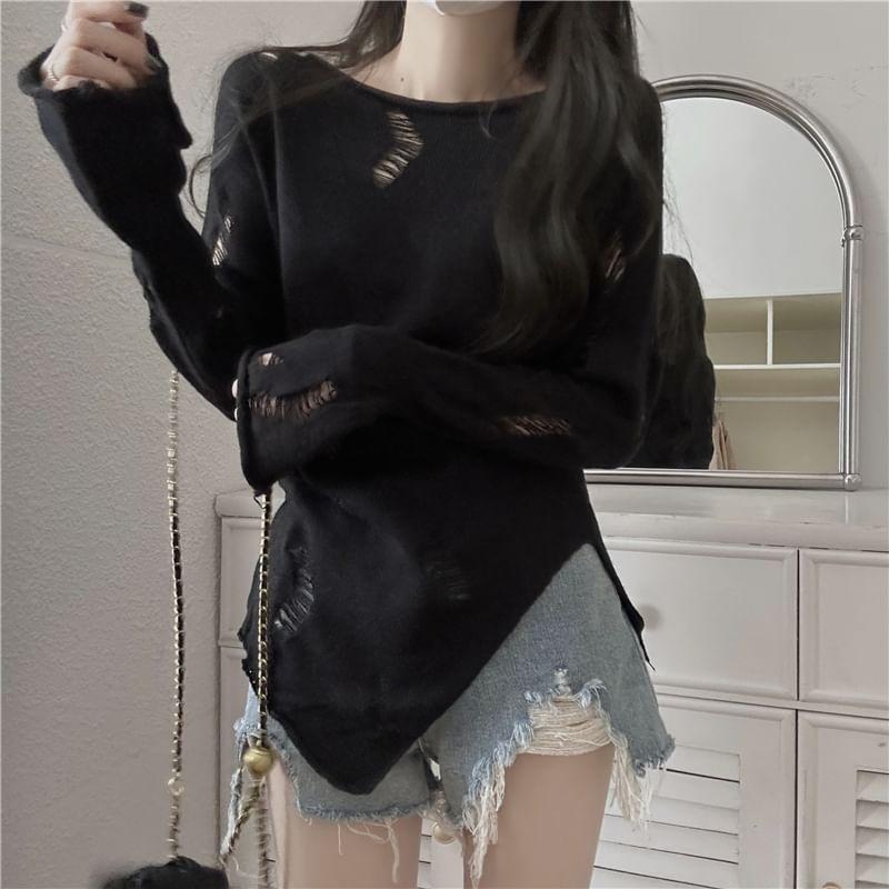 Long-Sleeve Boat Neck Plain Asymmetrical Distressed Knit Top Product Image