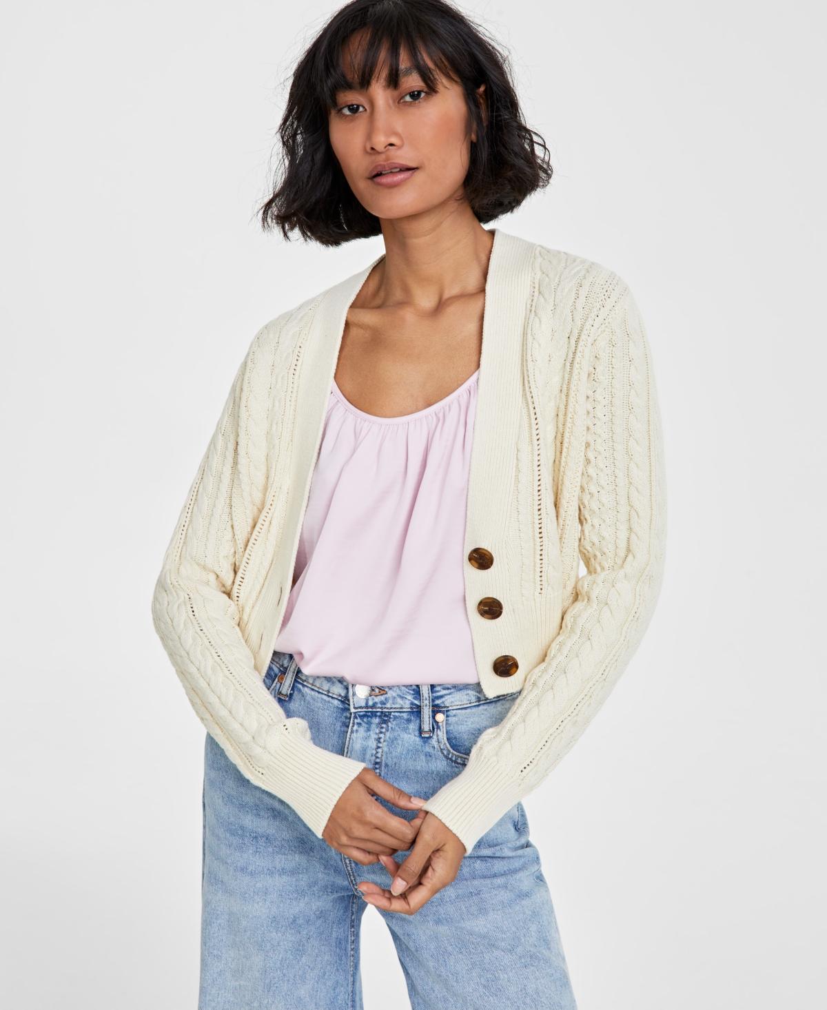 On 34th Womens Cropped V-Neck Cable-Knit Cardigan, Created for Macys Product Image