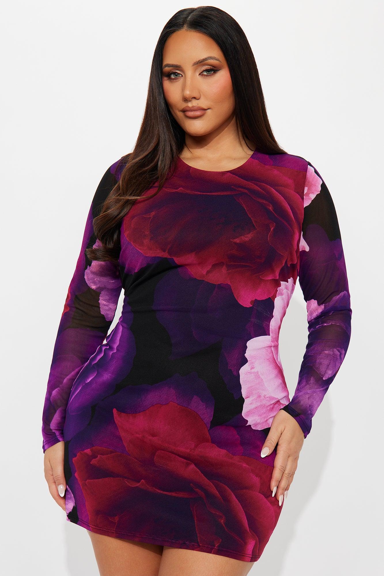 Clara Long Sleeve Floral Mesh Mini Dress - Purple/combo Product Image