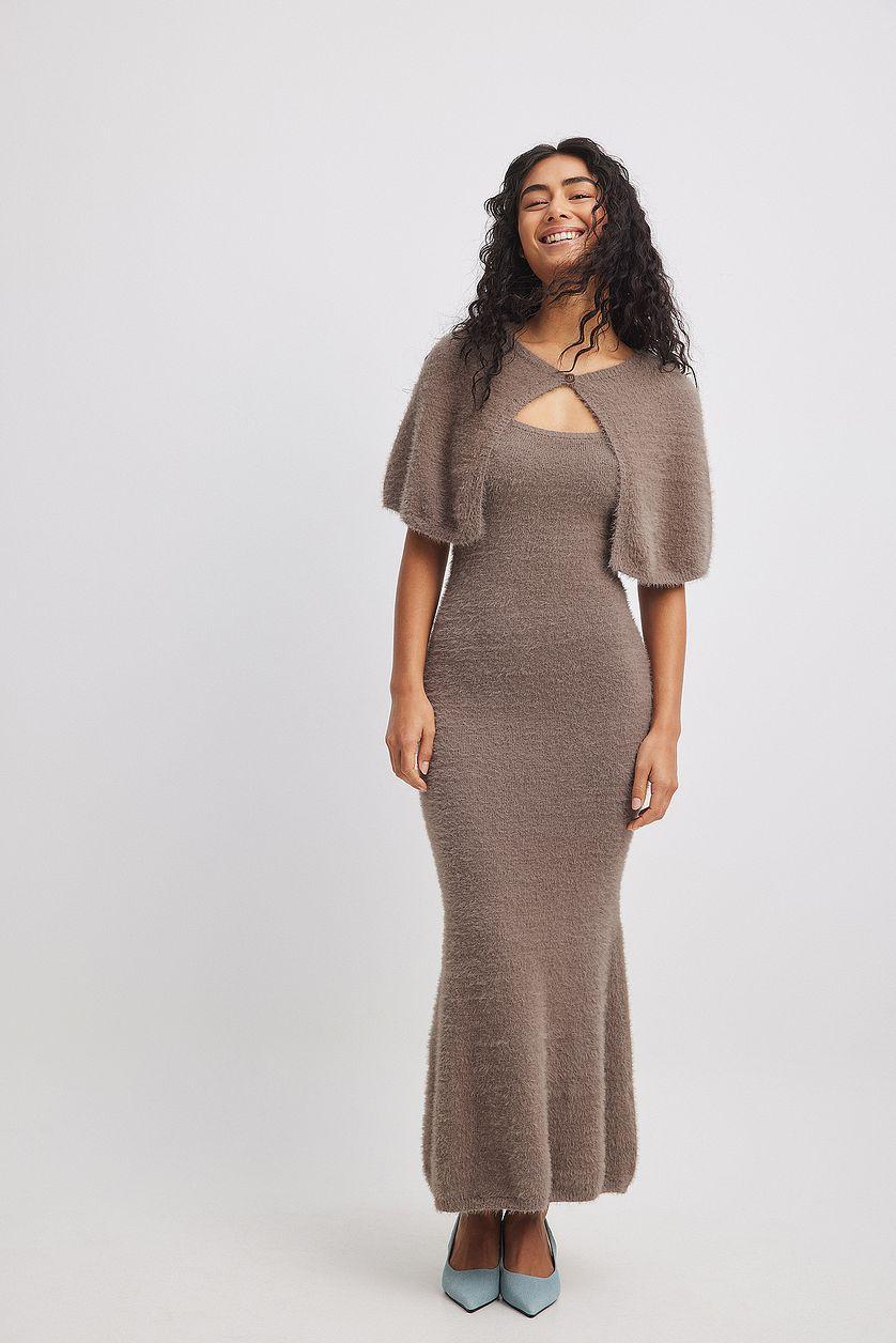 A-Line Fuzzy Knit Midi Dress Black Product Image