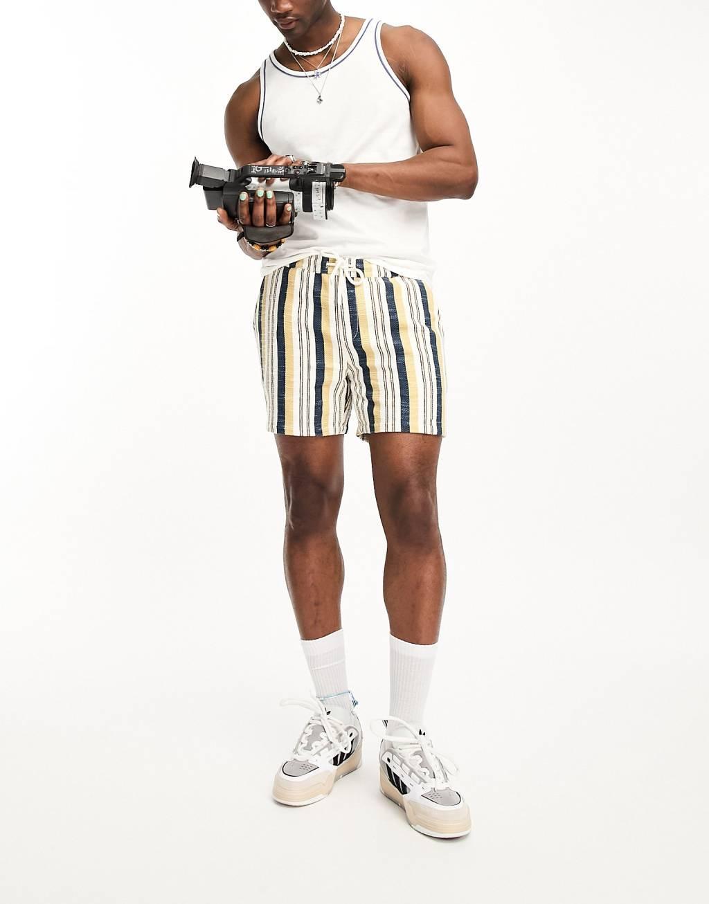 ASOS DESIGN slim textured shorts in shorter length in stripe print Product Image