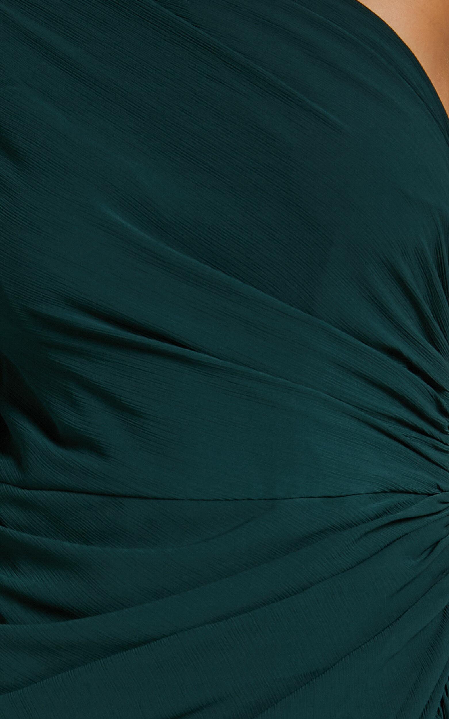 Grittah Midi Dress - One Shoulder Bishop Sleeve High Split Ruched Dress in Emerald Product Image