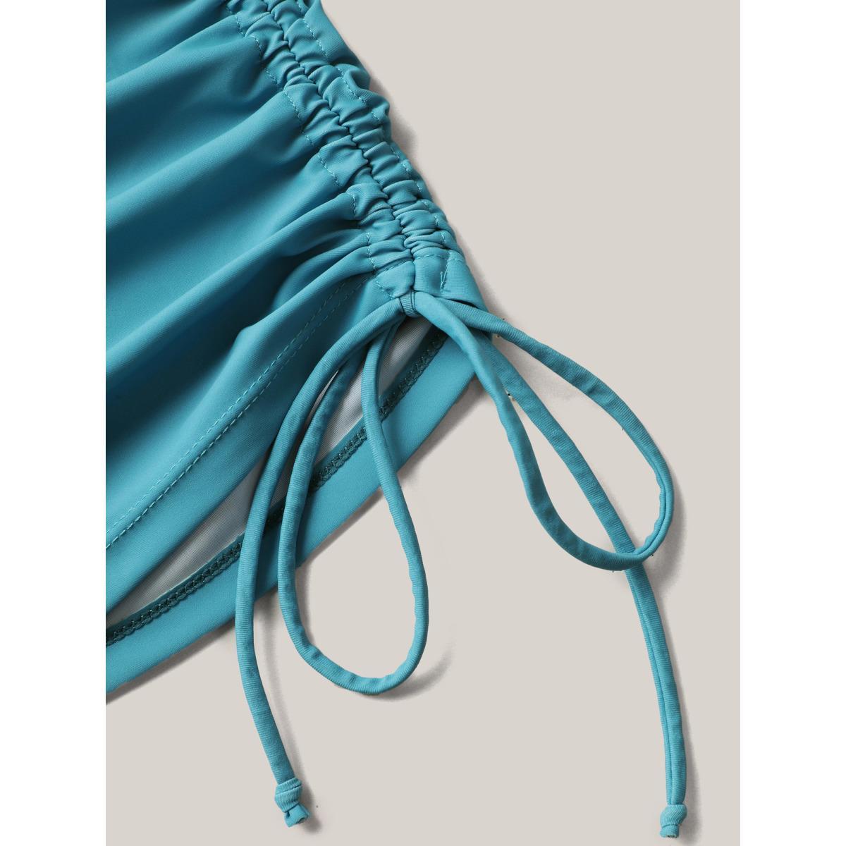Plus Size Island Print Drawstring Adjustable Swim Top Women's Swimwear Teal Beach Contrast High stretch Loose U-neck Curve Swim Tops BloomChic 14-16/1X Product Image