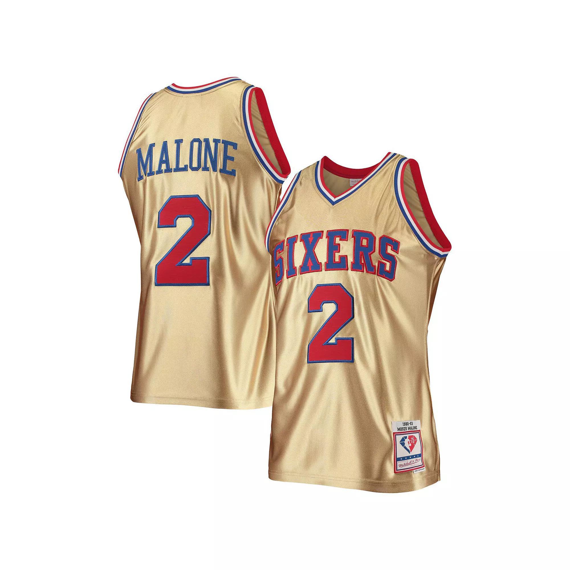 Mens Mitchell & Ness Moses Malone Gold Philadelphia 76ers 75th Anniversary 1982-83 Hardwood Classics Swingman Jersey Product Image