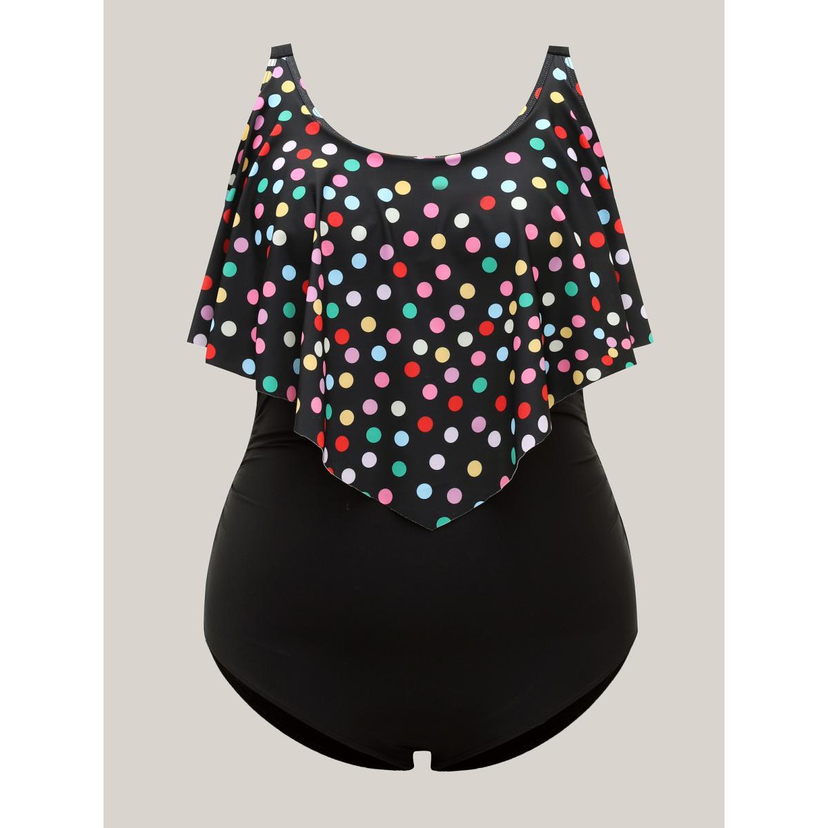 Plus Size Polka Dots Lotus Leaf Edge One-Piece Swimsuit Women's Swimwear Black Beach Gathered Curve Bathing Suits High stretch One Pieces BloomChic 12/L Product Image