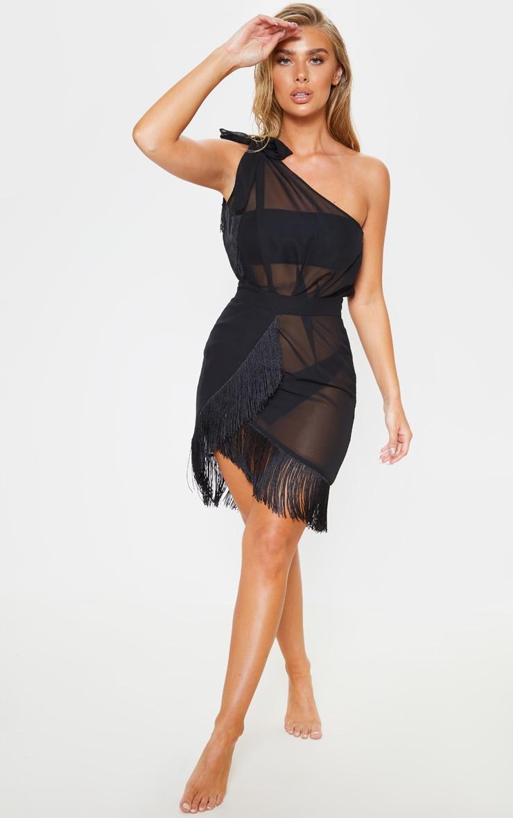 Black Asymmetric Fringe Beach Dress Product Image