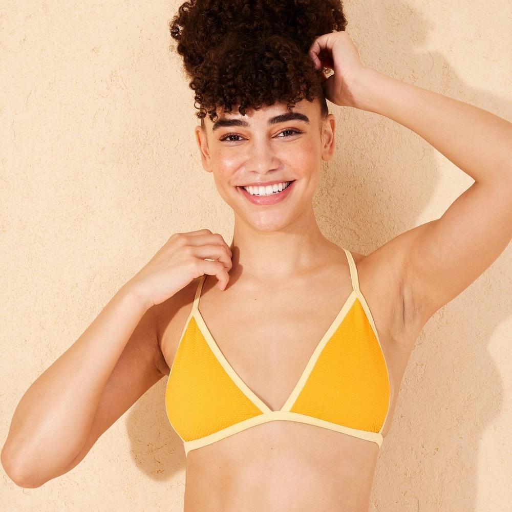 Women's Pucker Textured Contrast Binding Triangle Bikini Top - Wild Fable™ Orange/Yellow M: Crisscross Back, Adjustable Straps Product Image