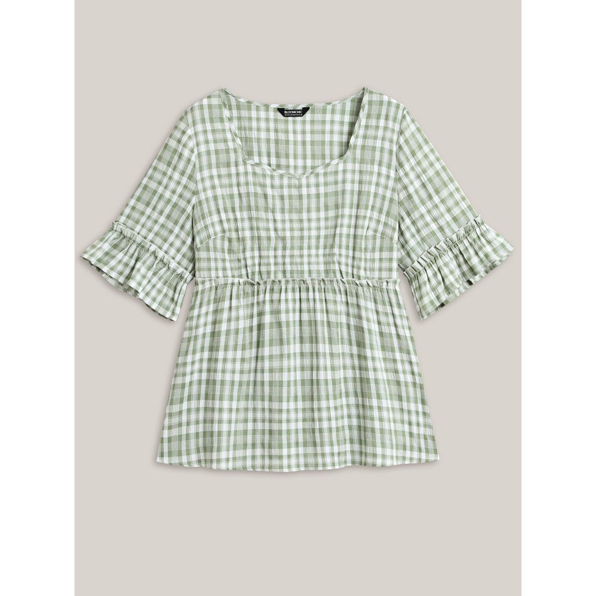 Plus Size Greenbean Plaid Pattern Ruffled Sleeve Babydoll Top Women Half Sleeve Square Neck Everyday-Elegant Blouses BloomChic 26/4X Product Image
