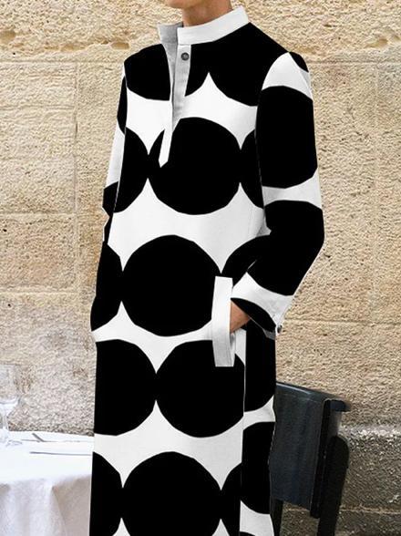 Long Sleeves Loose Polka-Dot Split-Side Stand Collar Midi Dresses Product Image
