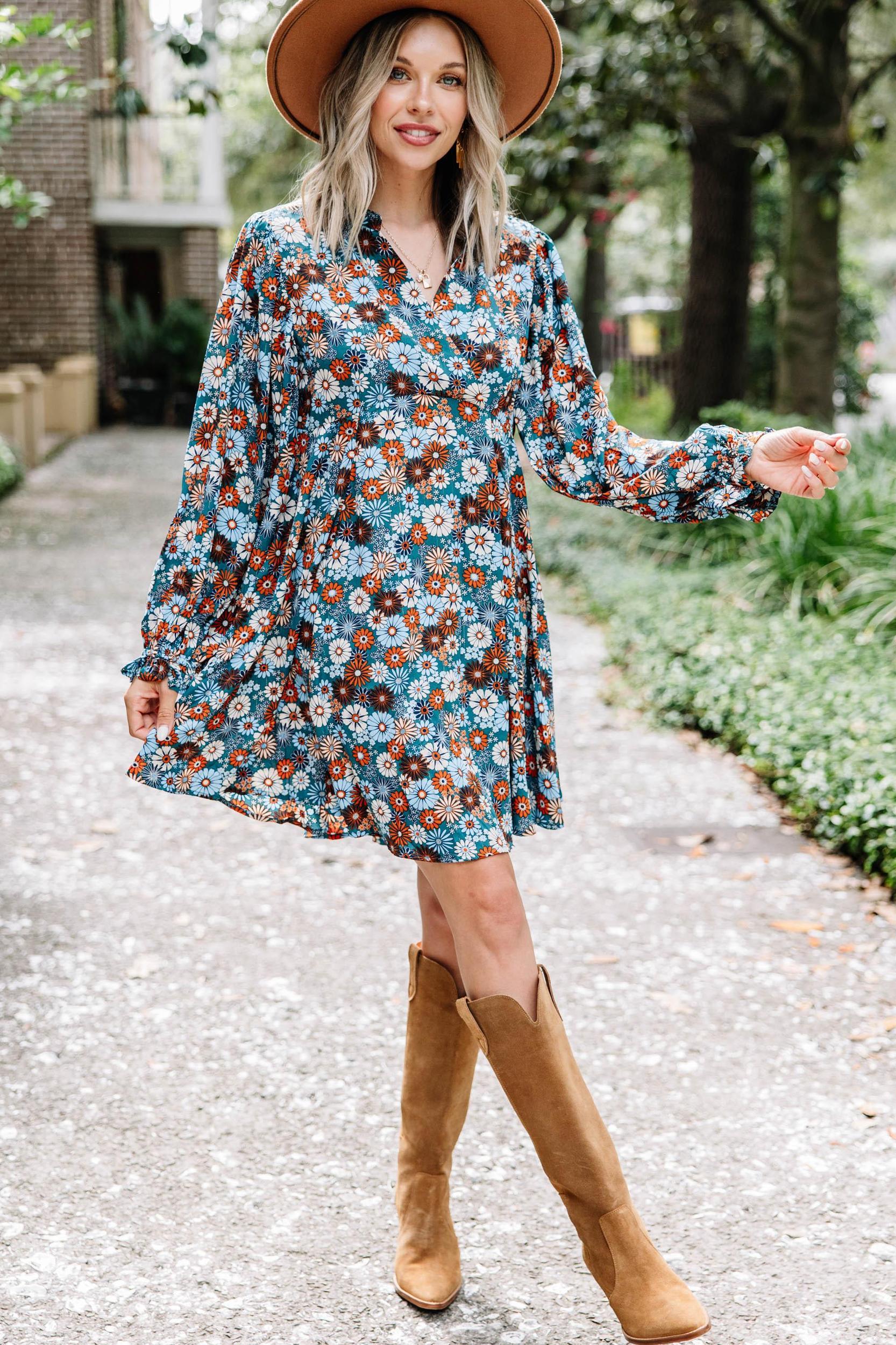 All I've Wanted Teal Blue Floral Babydoll Dress Female Product Image
