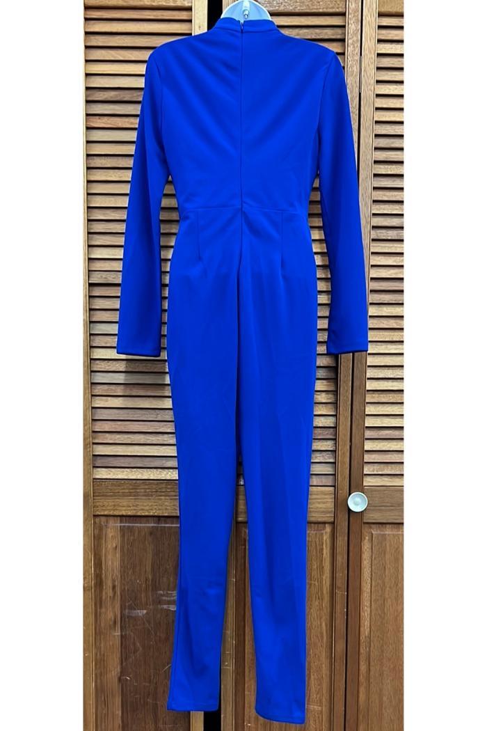 Blue pocket jumpsuit brass jeweled front Product Image