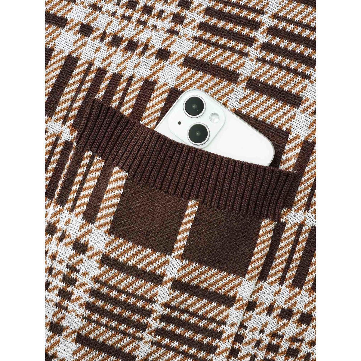 Plus Size Plaid Open Front Patch Pocket Cardigan DarkBrown Women Casual Loose Long Sleeve Everyday Cardigans BloomChic 26/4X Product Image