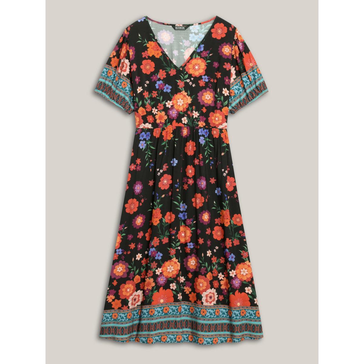 Plus Size Colorful Floral Print V-Neck Midi Dress Black Women V-neck Sleeveless Curvy BloomChic 28/5X Product Image