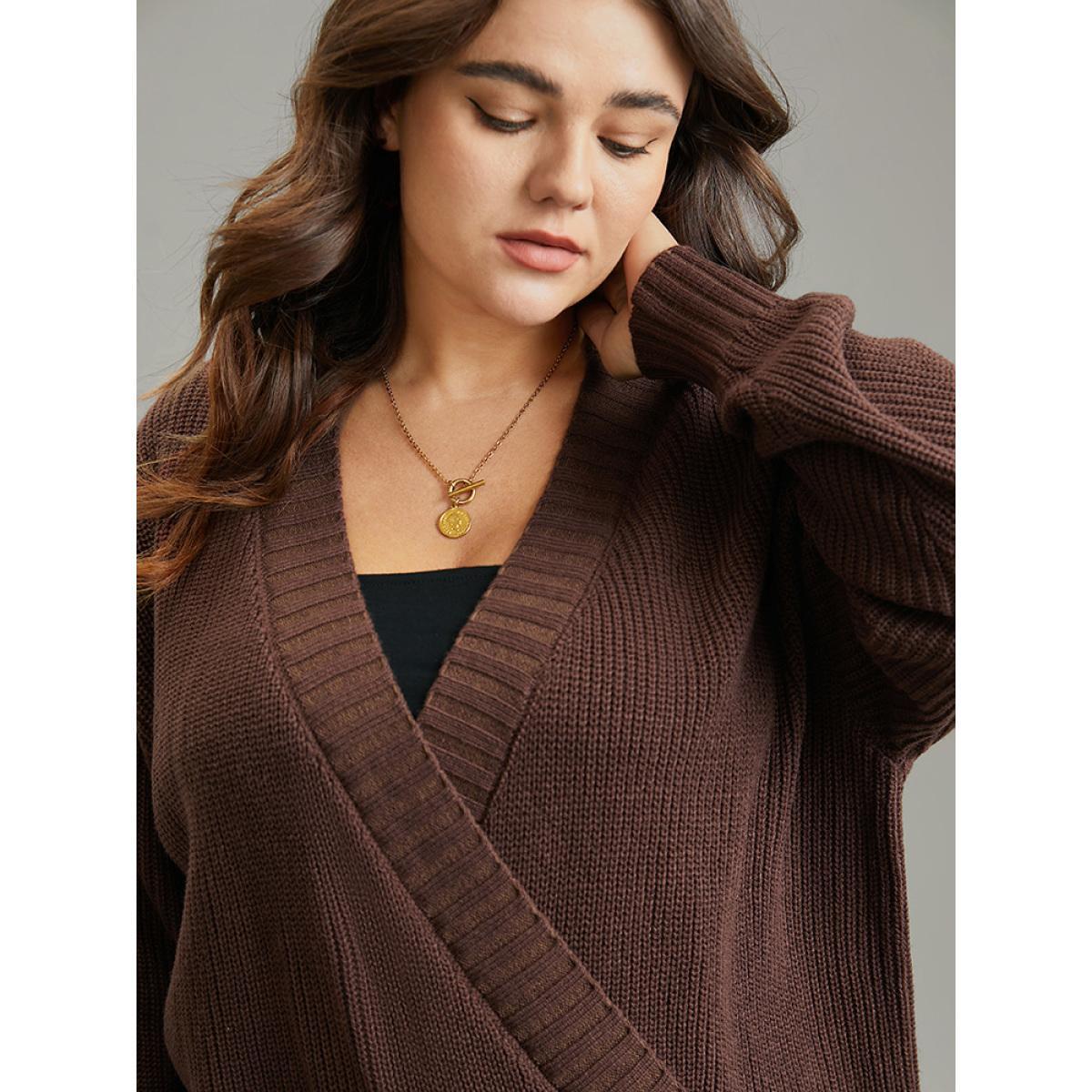 Plus Size Solid Surplice Neck Elastic Cuffs Pullover DarkBrown Women Casual Loose Long Sleeve V-neck Dailywear Pullovers BloomChic 30/6X Product Image